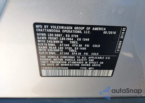 2018 Volkswagen Atlas 3.6L V6 Se from USA, damaged, VIN 1V2KR2CA2JC575035